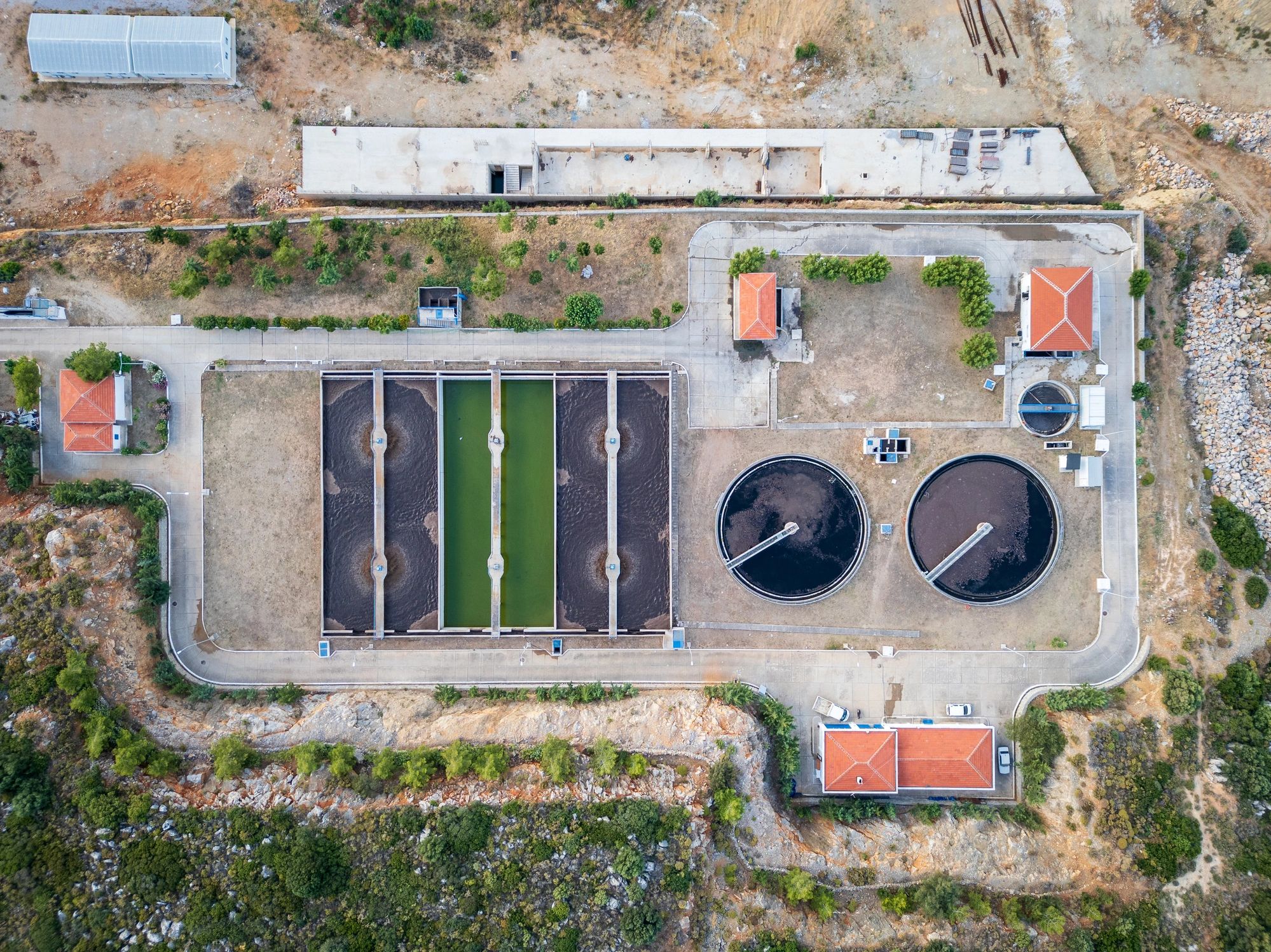 Aerial view of a water treatment facility, representing municipal and industrial water programs